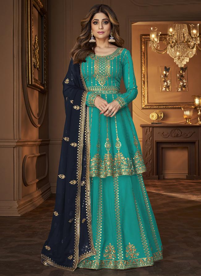 Georgette Turquoise Wedding Wear Embroidery Work Indo Western